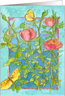 Happy Birthday Pink Roses Butterflies Watercolor card