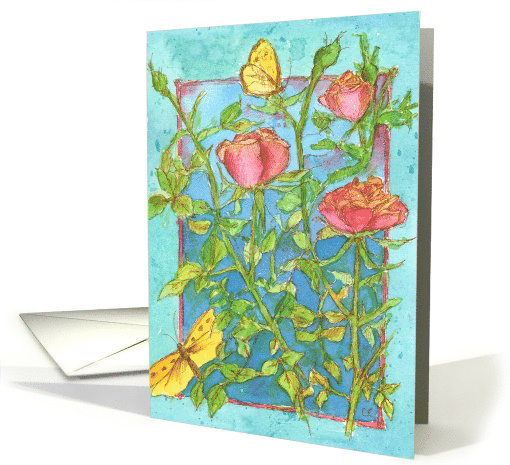 Pink Roses Butterflies Watercolor Painting Blank card (1370358)
