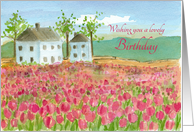 Wishing You A Lovely Birthday Pink Tulip Field Watercolor Painting card