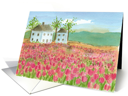 Pink Tulip Field Shaker House Watercolor Painting Blank card (1370580)