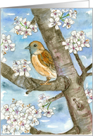 Happy Birthday Sparrow Bird In Tree White Flowers card