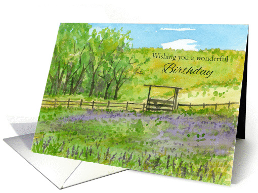 Happy Birthday Purple Wildflowers Pasture Watercolor card (1373912)