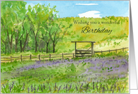 Happy Birthday Purple Wildflowers Pasture Watercolor card