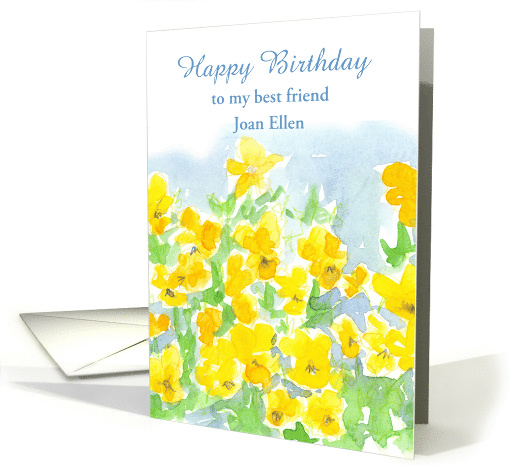 Happy Birthday Custom Name Card Yellow Pansies Floral Watercolor card