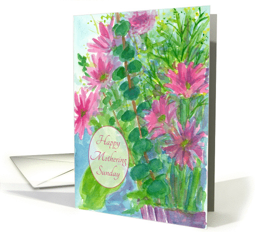 Happy Mothering Sunday Pink Daisy Flowers Watercolor Painting card