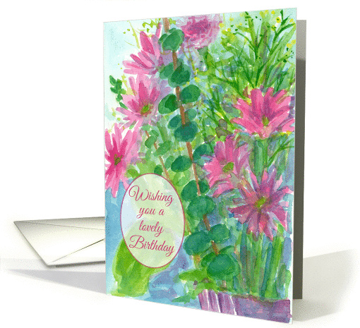 Wishing You A Lovely Birthday Pink Daisy Flowers Watercolor card