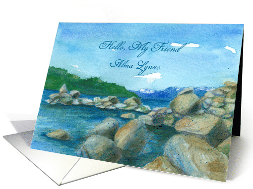 Hello Custom Name Mountain Lake Watercolor Painting card (1380716)