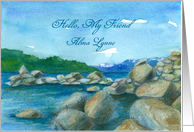 Hello Custom Name Mountain Lake Watercolor Painting card