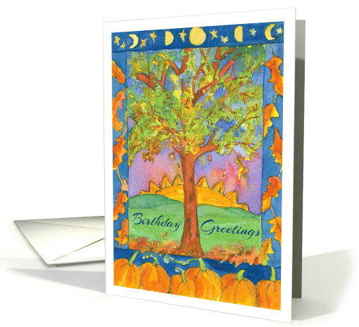 Birthday Greetings Sunset Pumpkins Fall Leaves card (1385730)