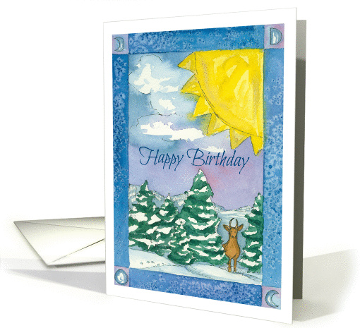 Happy Birthday Deer Snow Scene Landscape Watercolor Painting card