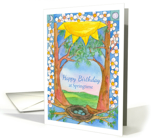 Happy Birthday at Springtime Robin Eggs Bird Nest Landscape card