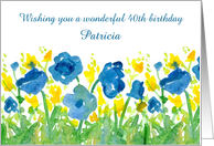 Happy 40th Birthday Custom Name Blue Yellow Watercolor Flowers card