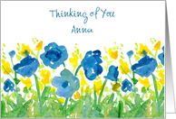 Thinking of You Custom Name Blue Yellow Watercolor Flowers card