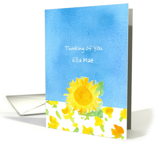 Thinking of You Custom Name Yellow Sunflower Blue Watercolor card