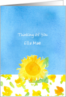Thinking of You Custom Name Yellow Sunflower Blue Watercolor card