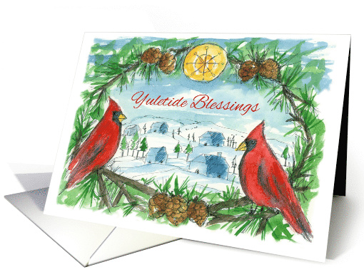 Yuletide Blessings Red Cardinal Birds Village card (1391692)