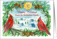 Happy Holidays Custom Name Red Cardinal Birds Village Scene card