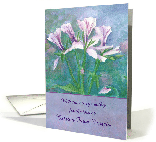 With Sympathy Custom Name Geranium Flower Watercolor Painting card