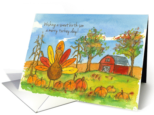 Happy Thanksgiving Sweet Birth Son Turkey Red Barn card (1399640)