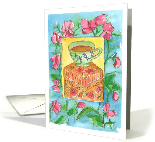 Teacup Sweet Pea Watercolor Flowers Blank card (1407262)