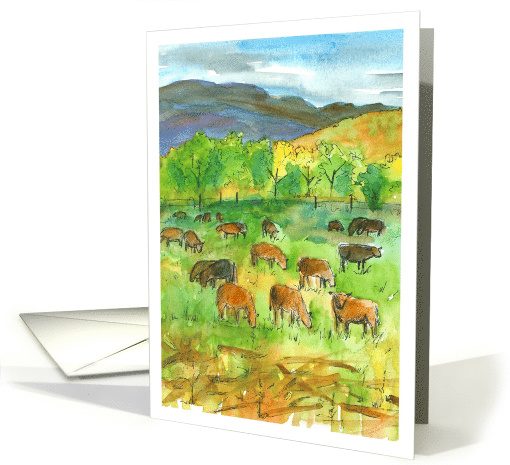 Happy Birthday Cows In Pasture Mountains Watercolor card (1407580)