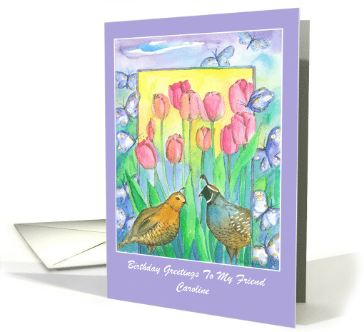 Happy Birthday Friend Custom Name Quail Birds Watercolor Flowers card