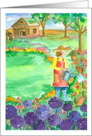 Woman Gardening Purple Alliums Flowers Blank card