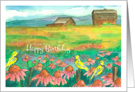 Happy Birthday Meadowlark Birds Pink Coneflowers card