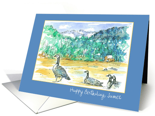 Happy Birthday Custom Name Mountain Geese Pen and Ink Sketch card