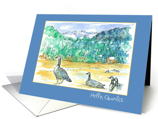 Hello Custom Name Mountain Canada Geese Pen and Ink Sketch card