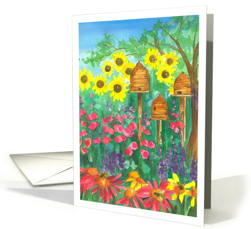 Happy Mother's Day Honey Bee Skep Flowers Watercolor Painting card