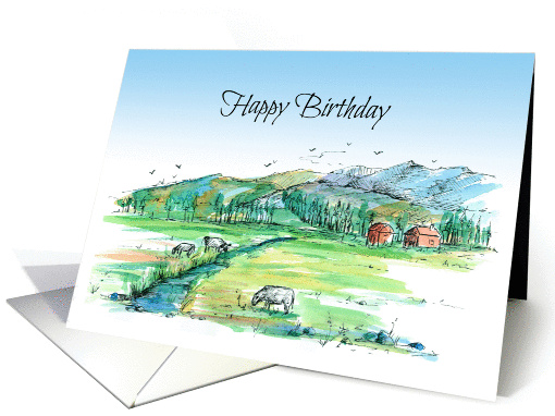 Happy Birthday Cows Country Landscape Watercolor Drawing card