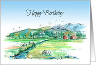 Happy Birthday Cows Country Landscape Watercolor Drawing card