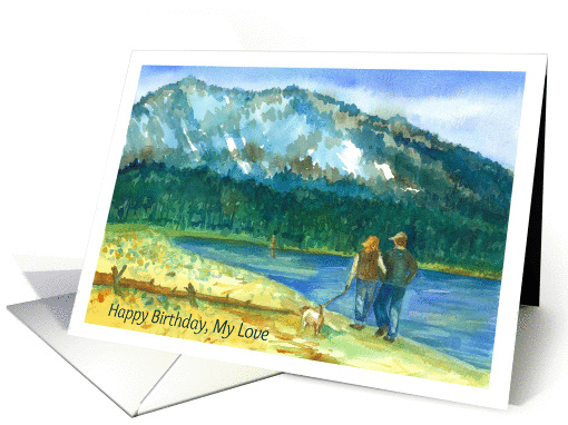 Happy Birthday My Love Romantic Couple Walking Dog Watercolor card