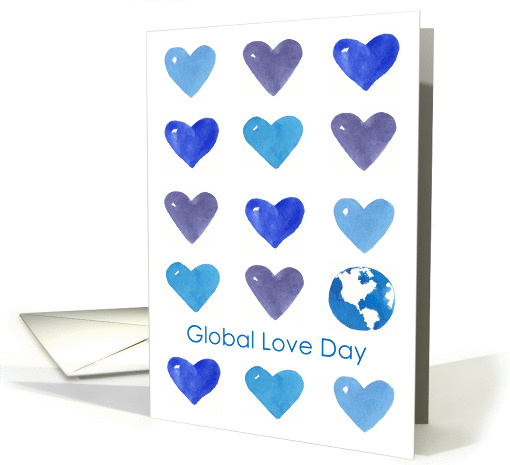 Global Love Day Earth Blue Watercolor Hearts card (1434468)