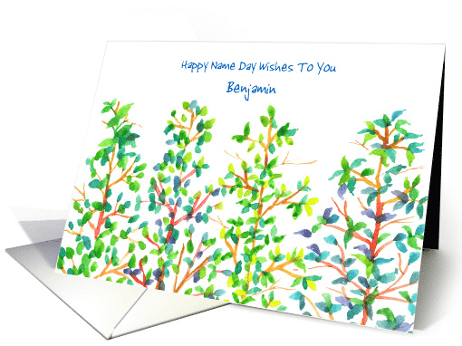 Happy Name Day Custom Name Green Trees Watercolor Illustration card