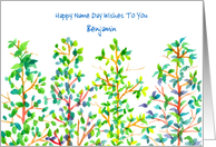 Happy Name Day Custom Name Green Trees Watercolor Illustration card