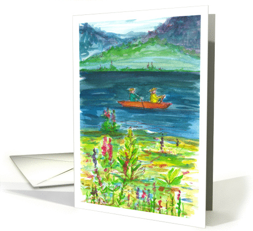Happy National Canoe Day Mountain Lake Wildflowers Watercolor card