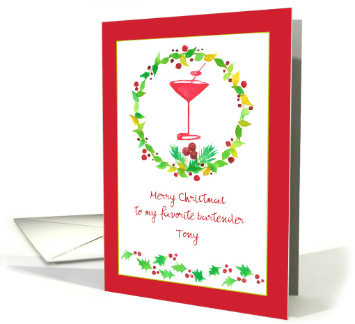 Merry Christmas Bartender Red Martini Glass Holly Custom Name card