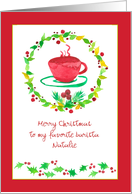 Merry Christmas Barista Red Coffee Cup Holly Custom Name card