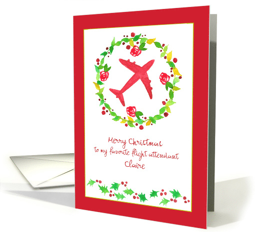 Merry Christmas Flight Attendant Plane Holly Custom Name card