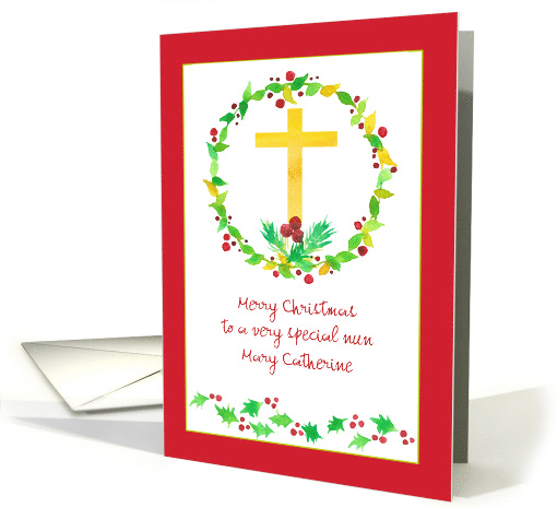 Merry Christmas Nun Yellow Cross Holly Custom Name card (1443512)