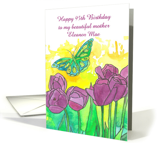 Happy 95th Birthday Purple Tulip Flowers Custom Name card (1444294)