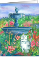 Happy Birthday White Cat Fountain Garden card