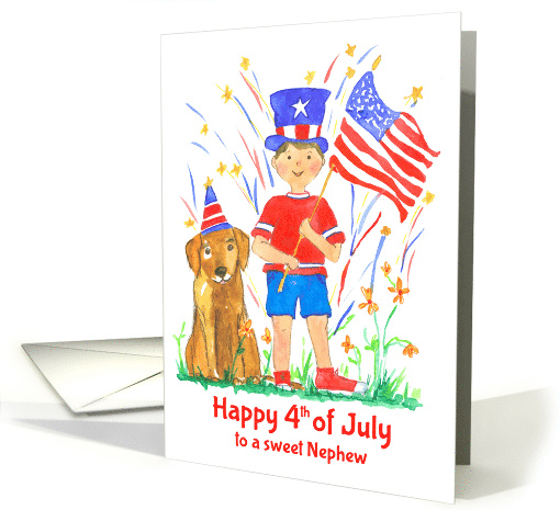 Happy 4th of July Sweet Nephew Flag Fireworks Pet Dog card (1469904)