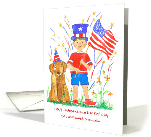 Happy 4th of July Birthday Grandson Flag Pet Dog Custom card (1469906)