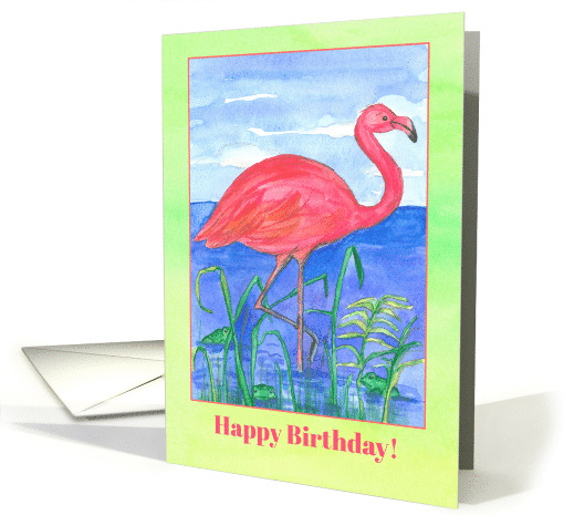 Happy Birthday Pink Flamingo Bird Frog Pond card (1470342)