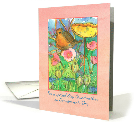 Happy Grandparents Day Step Grandmother Watercolor Bird Flowers card