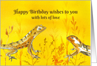 Happy Birthday with Love Lizards Yellow Watercolor Illustration card