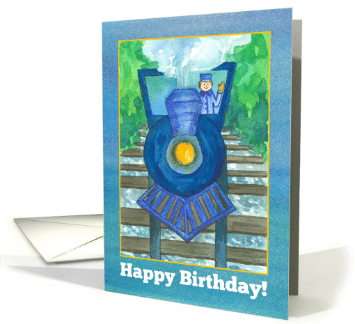Happy Birthday Blue Steam Train Watercolor Illustration card (1487668)